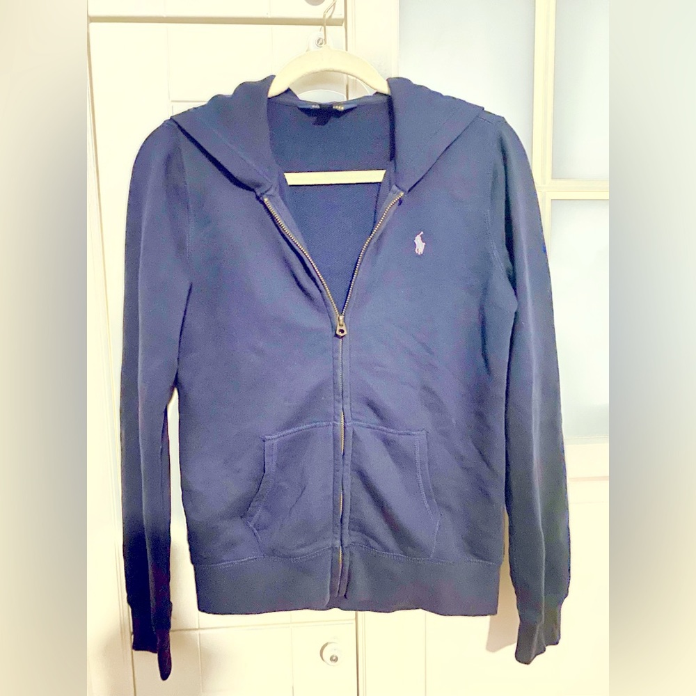 Preloved Ralph Lauren Girls Navy Zip-up Hoodie with Pink Polo logo Sz XL / 16